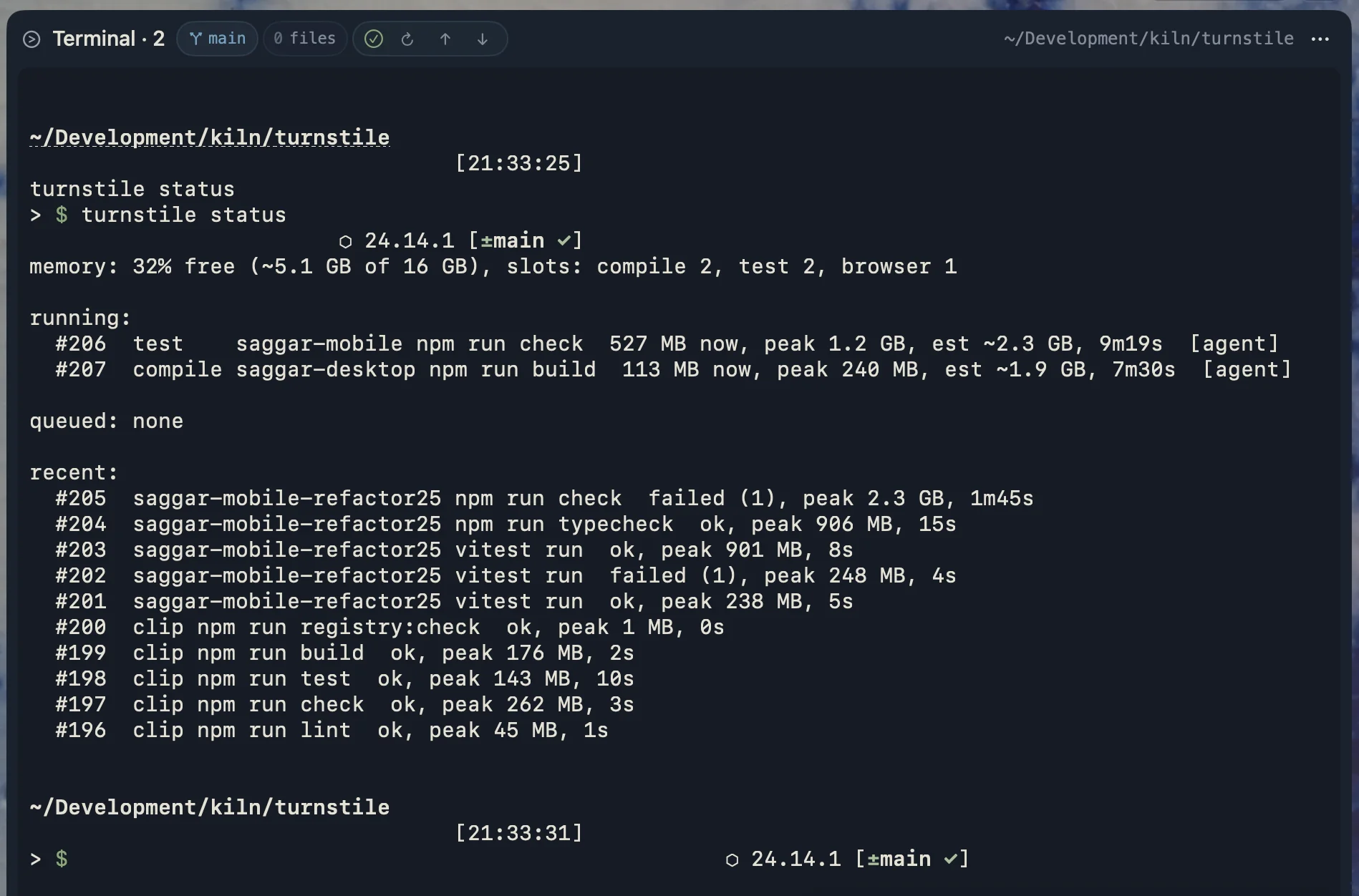 Turnstile status in a terminal with two running jobs and recent command history